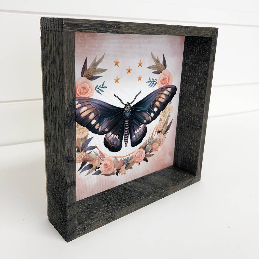 Moth Flowers Black and Pink - Moth Canvas Art - Framed Decor