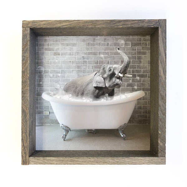 Elephant Bubble Bath Funny Bathroom with Greywash Frame