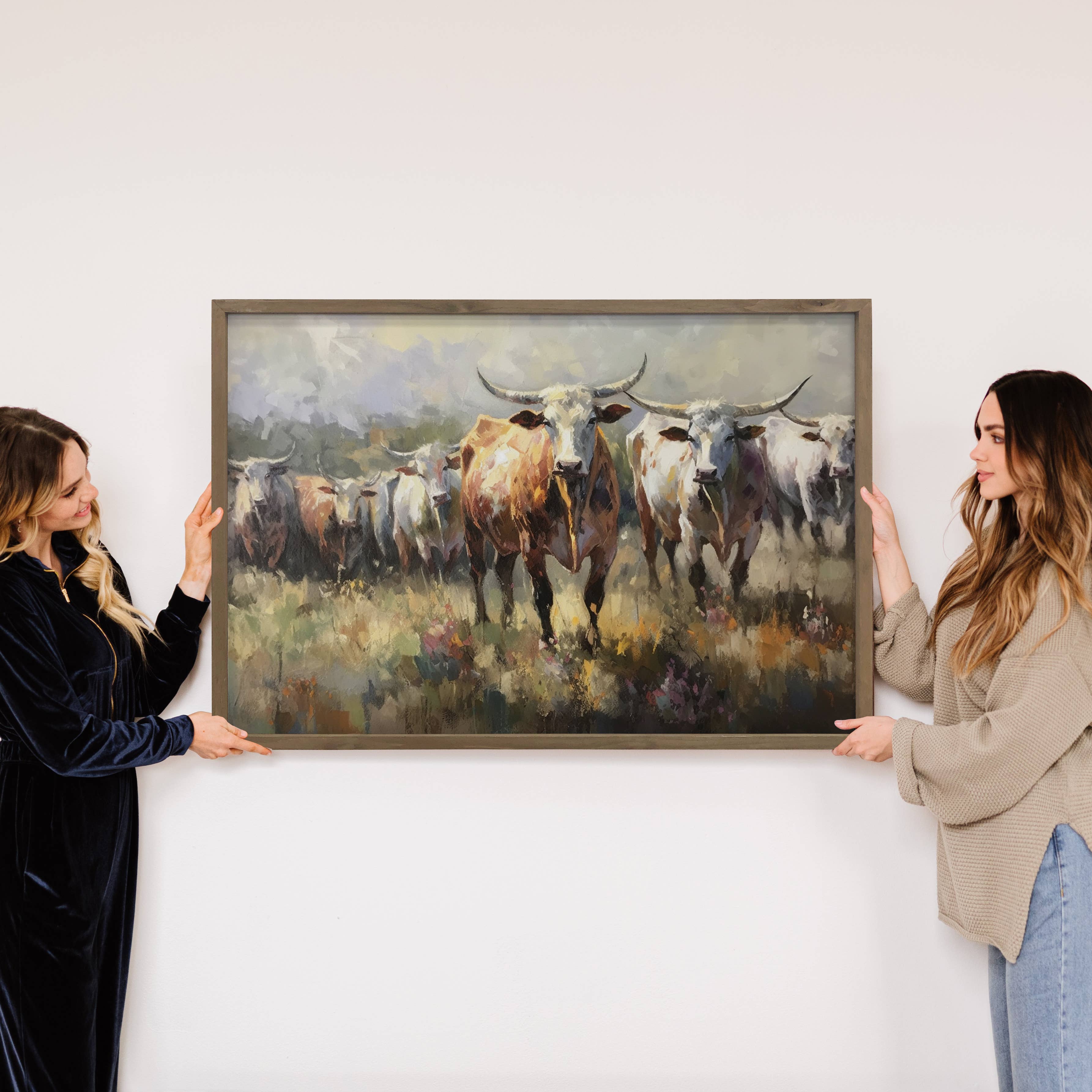 Longhorn Cow Herd - Framed Farmhouse Canvas Art - Ranch Art