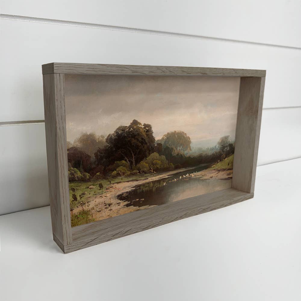 Gray Overcast River- River Landscape Canvas Art - Framed Art