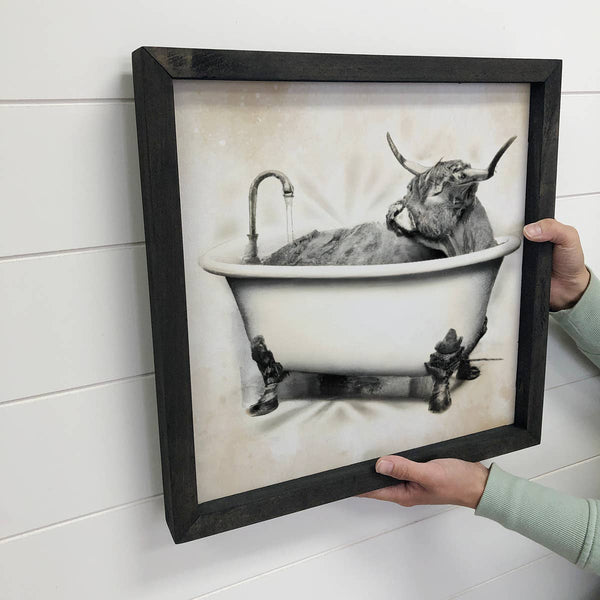 Highland Cow taking a Bath Canvas & Wood Sign Fun Bathroom