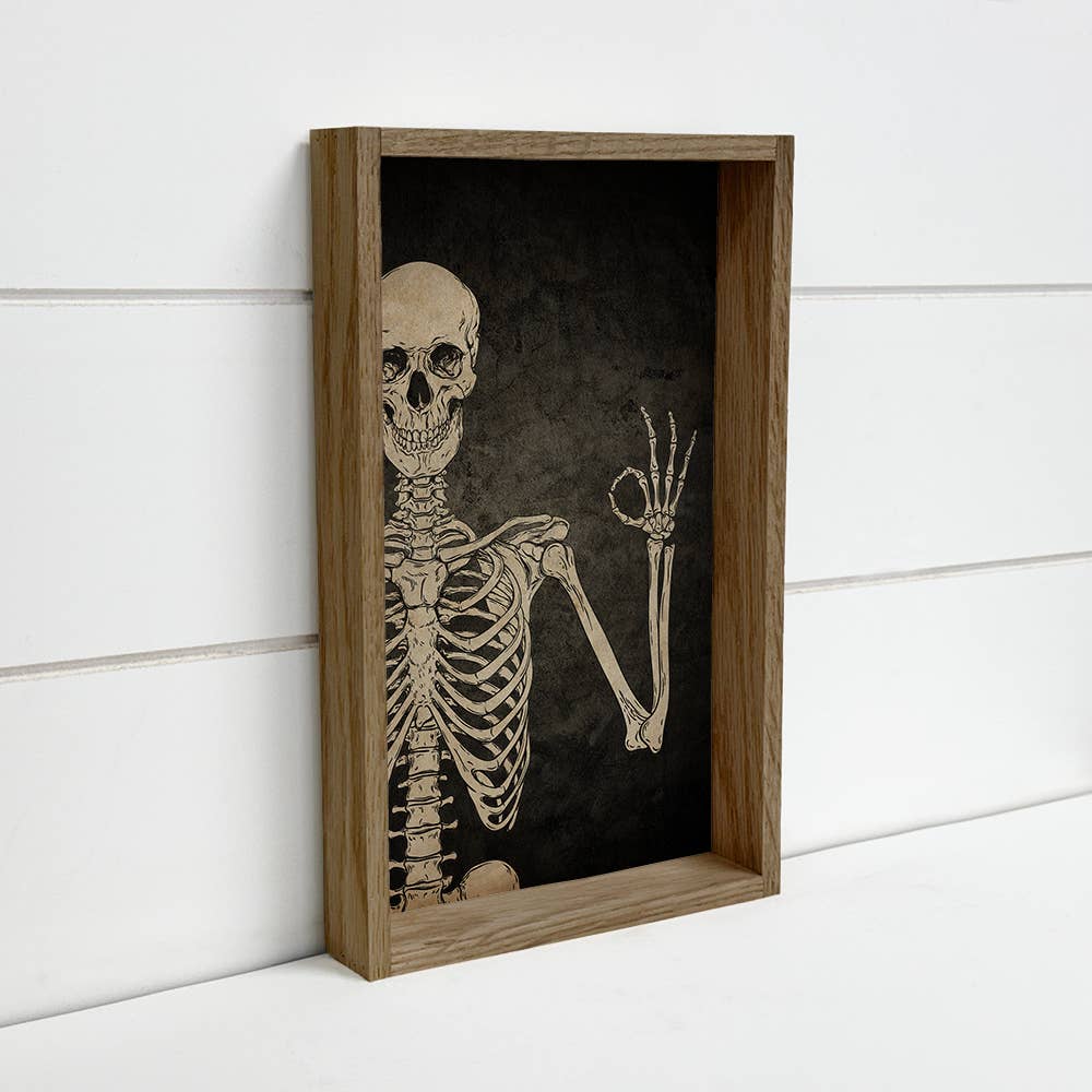 Skeleton Okay Hand Sign - Skeleton Canvas Art - Wood Framed