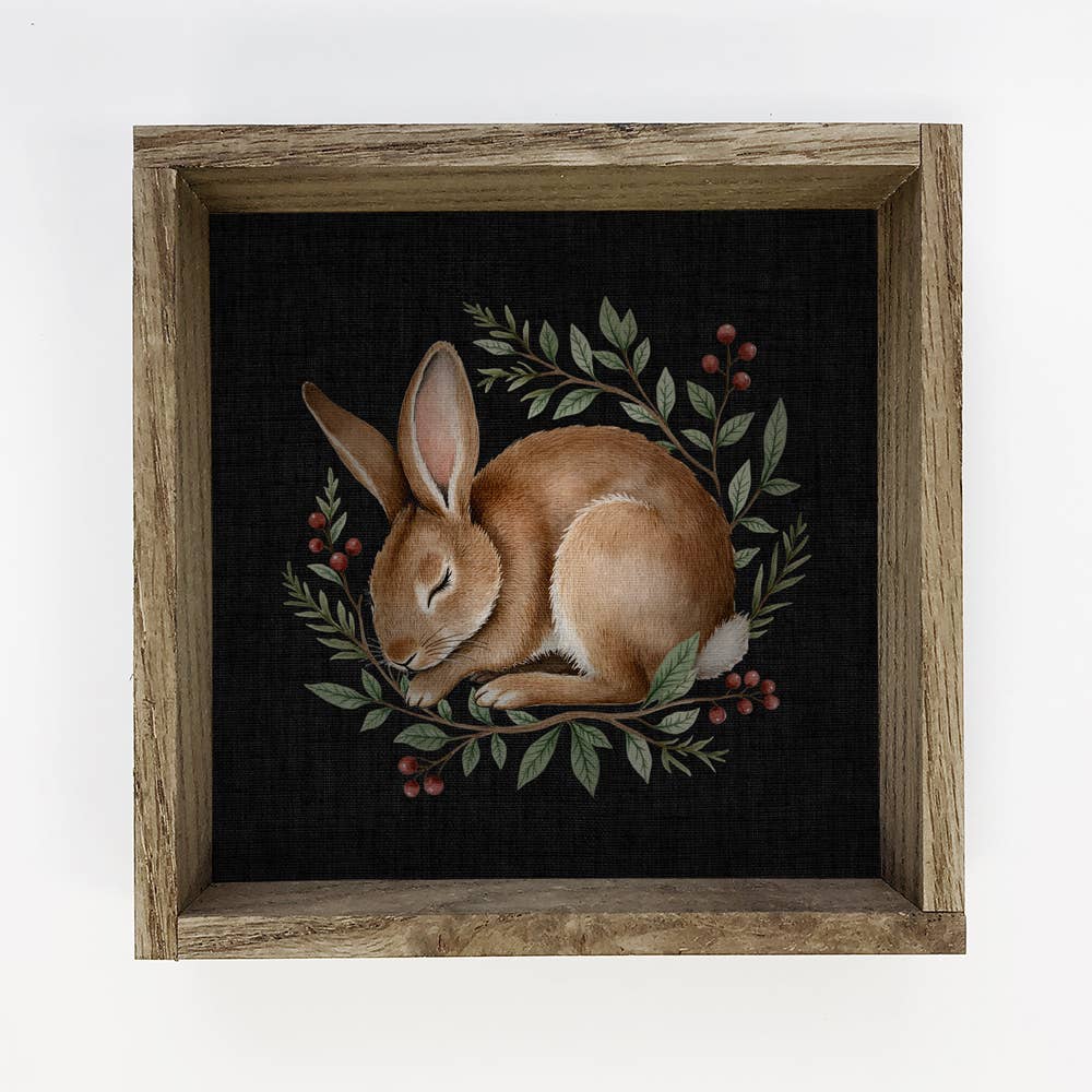 Sleeping Bunny Woodland Berries - Bunny Canvas Art - Framed