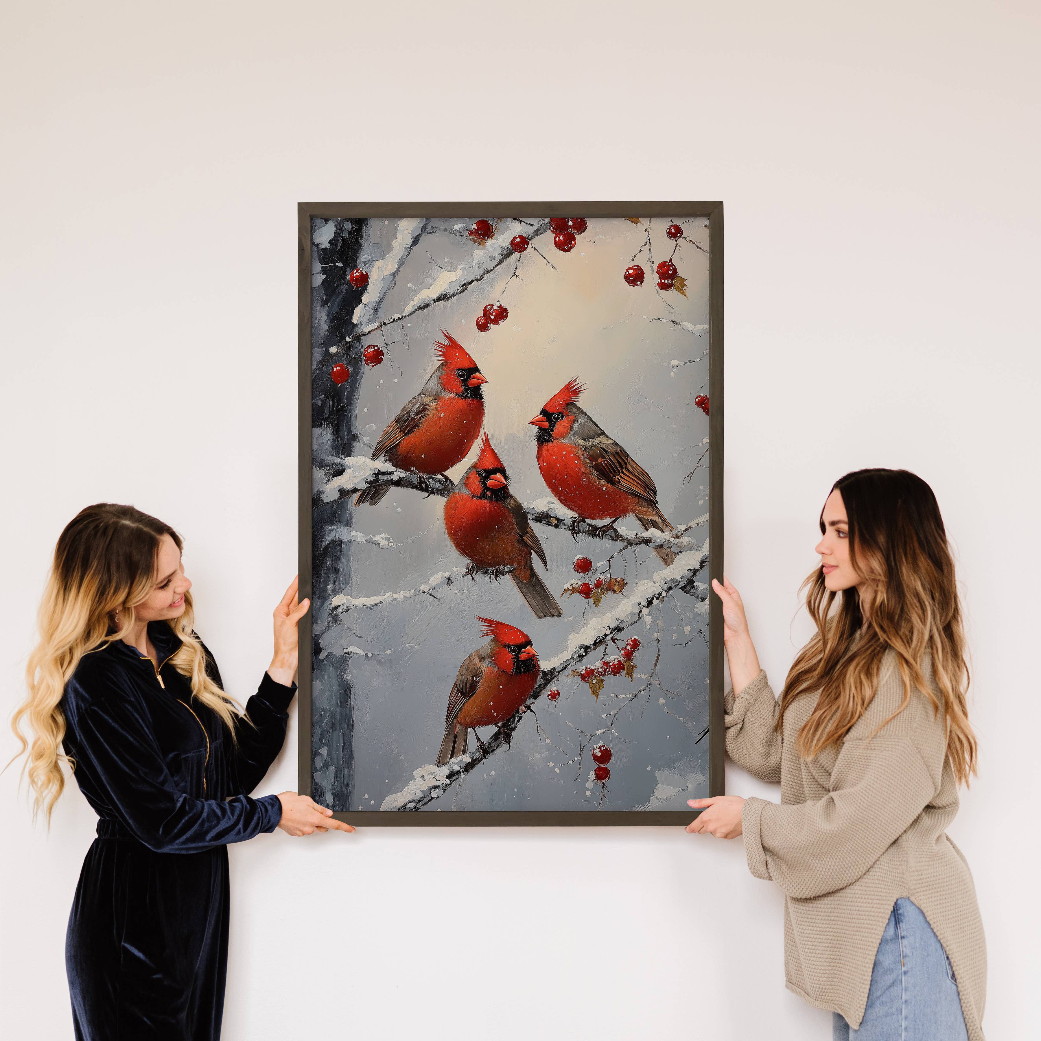 Four Cardinals - Red Bird Canvas Wall Art - Wood Framed Art