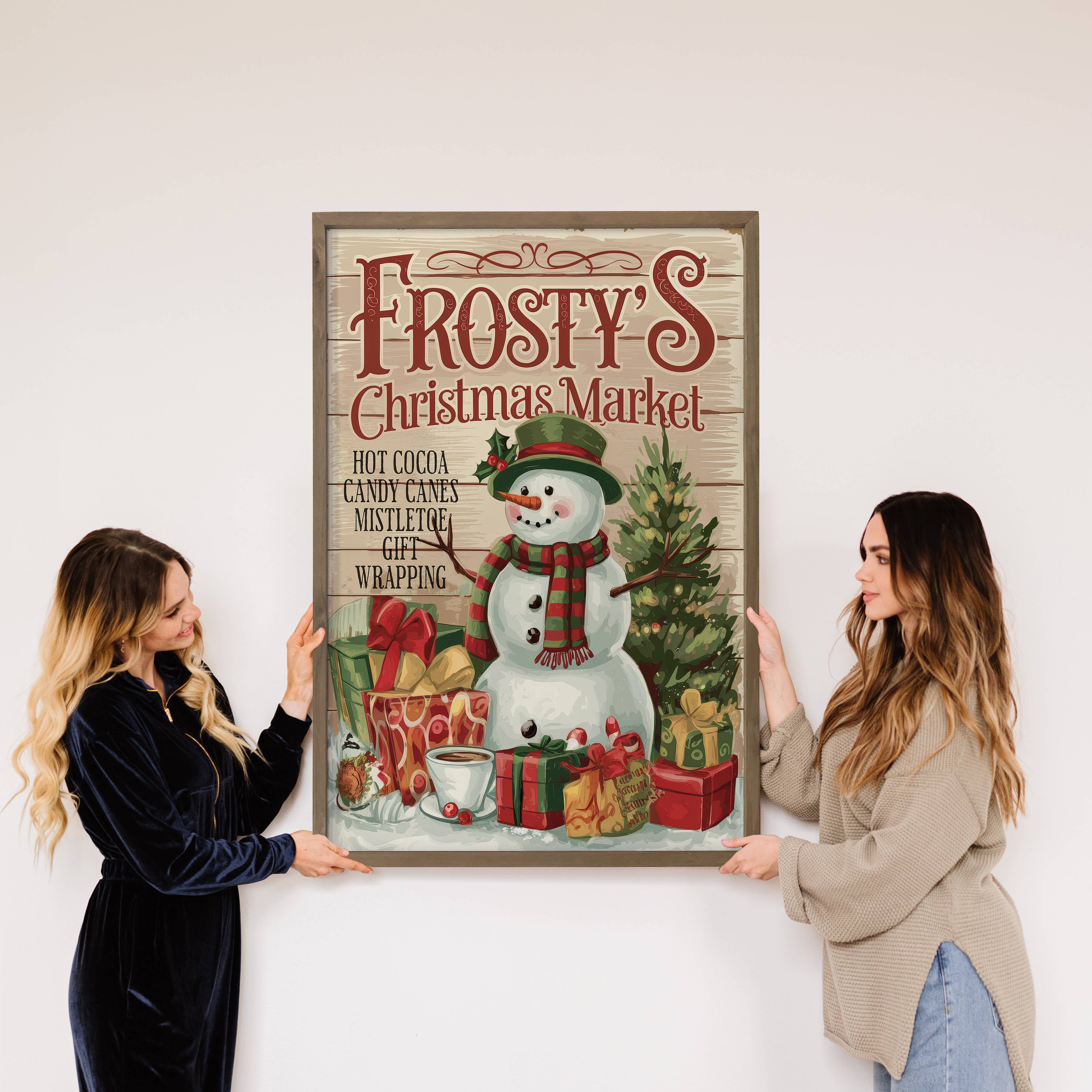 Frosty's Holiday Market - Christmas Canvas Sign - Wood Frame