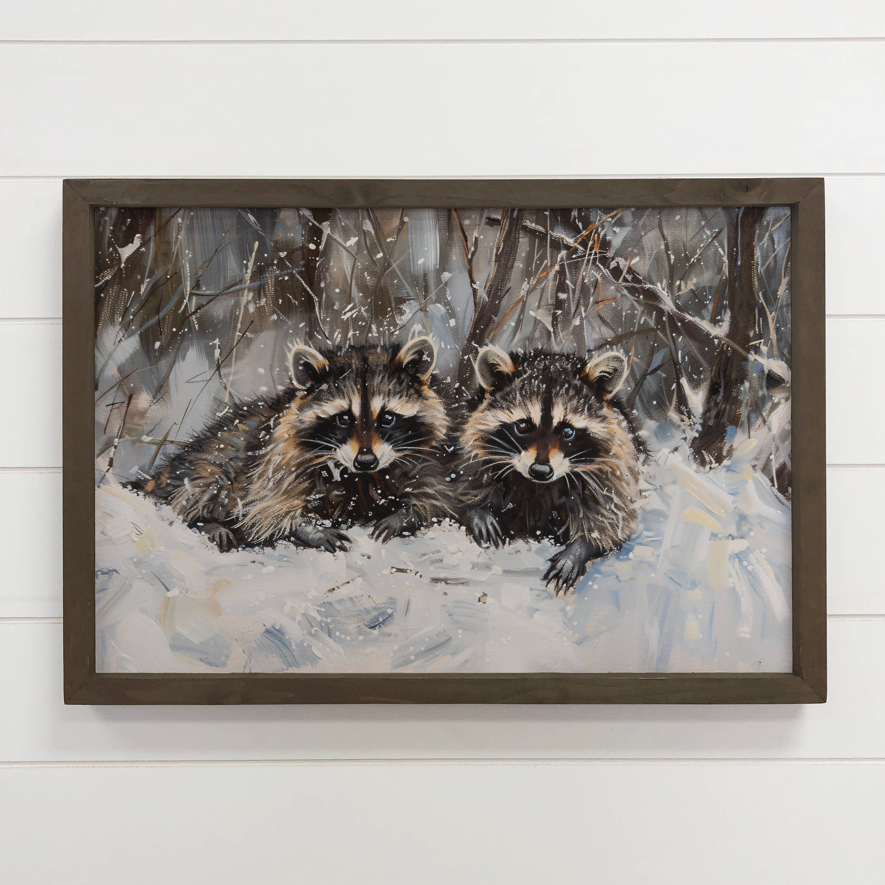 Two Racoons in Snow - Winter Animal Canvas Art - Cabin Decor