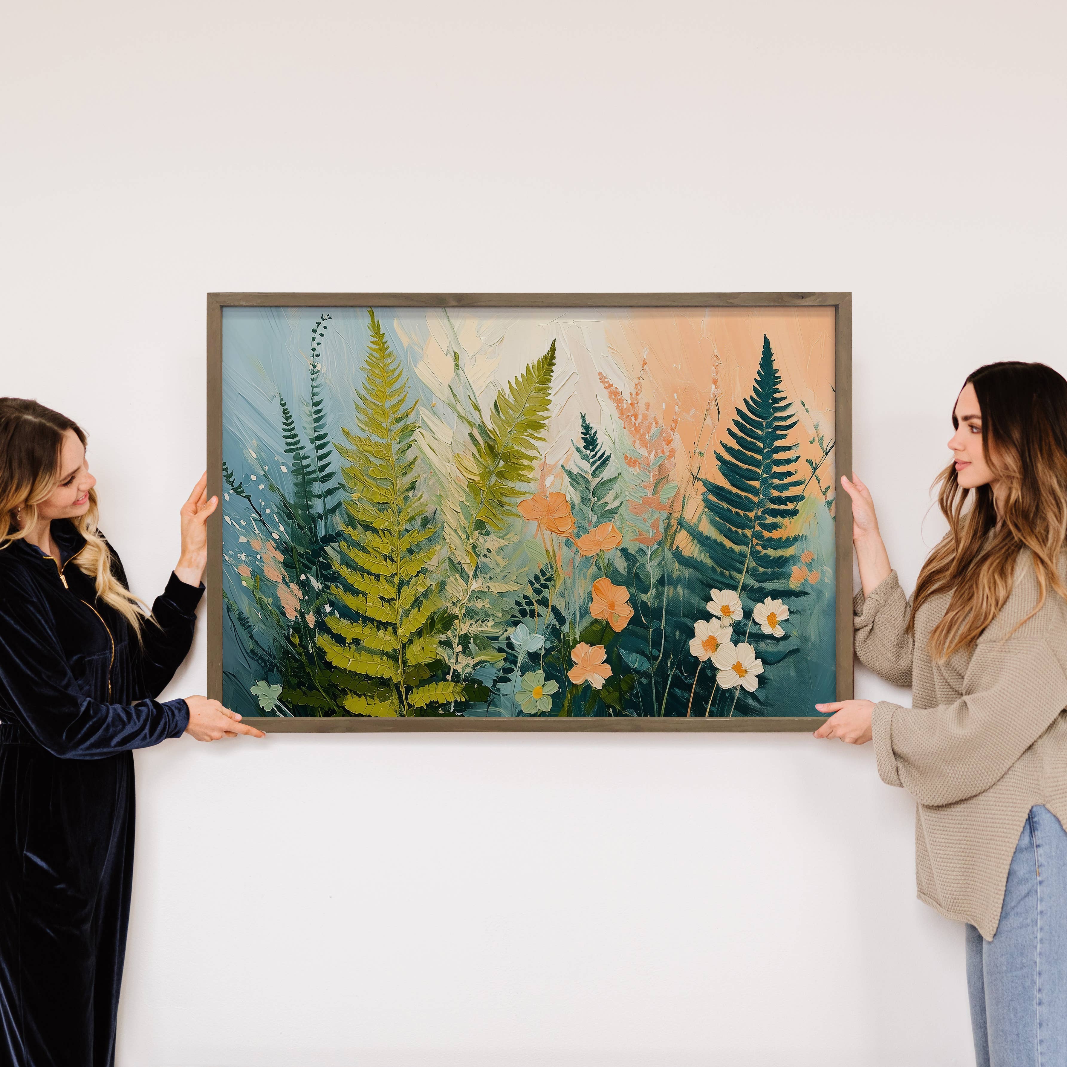 Ferns and Flowers - Flower Canvas Art - Wood Framed Artwork
