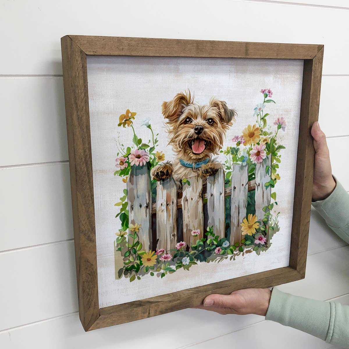 Puppy Dog Over Fence With Flowers - Puppy Canvas Art - Frame