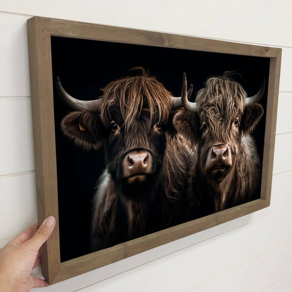 Highland Cow Pair Dark - Animal Photograph - Wood Framed Art
