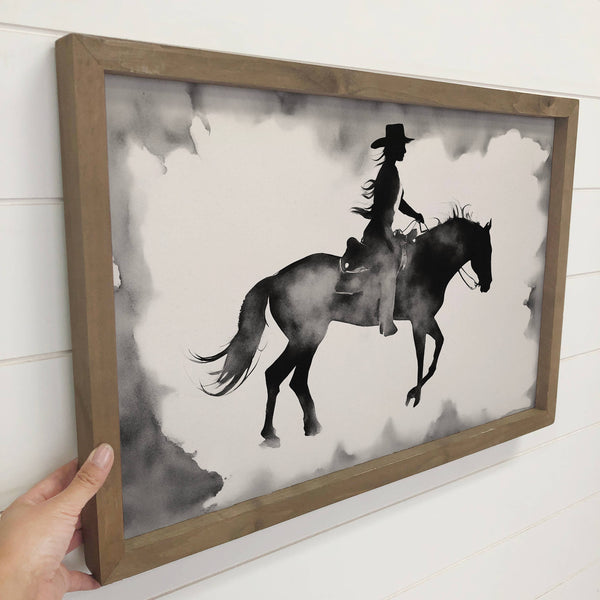 Cowgirl Silhouette - Cowgirl Canvas Art - Wood Framed  Decor
