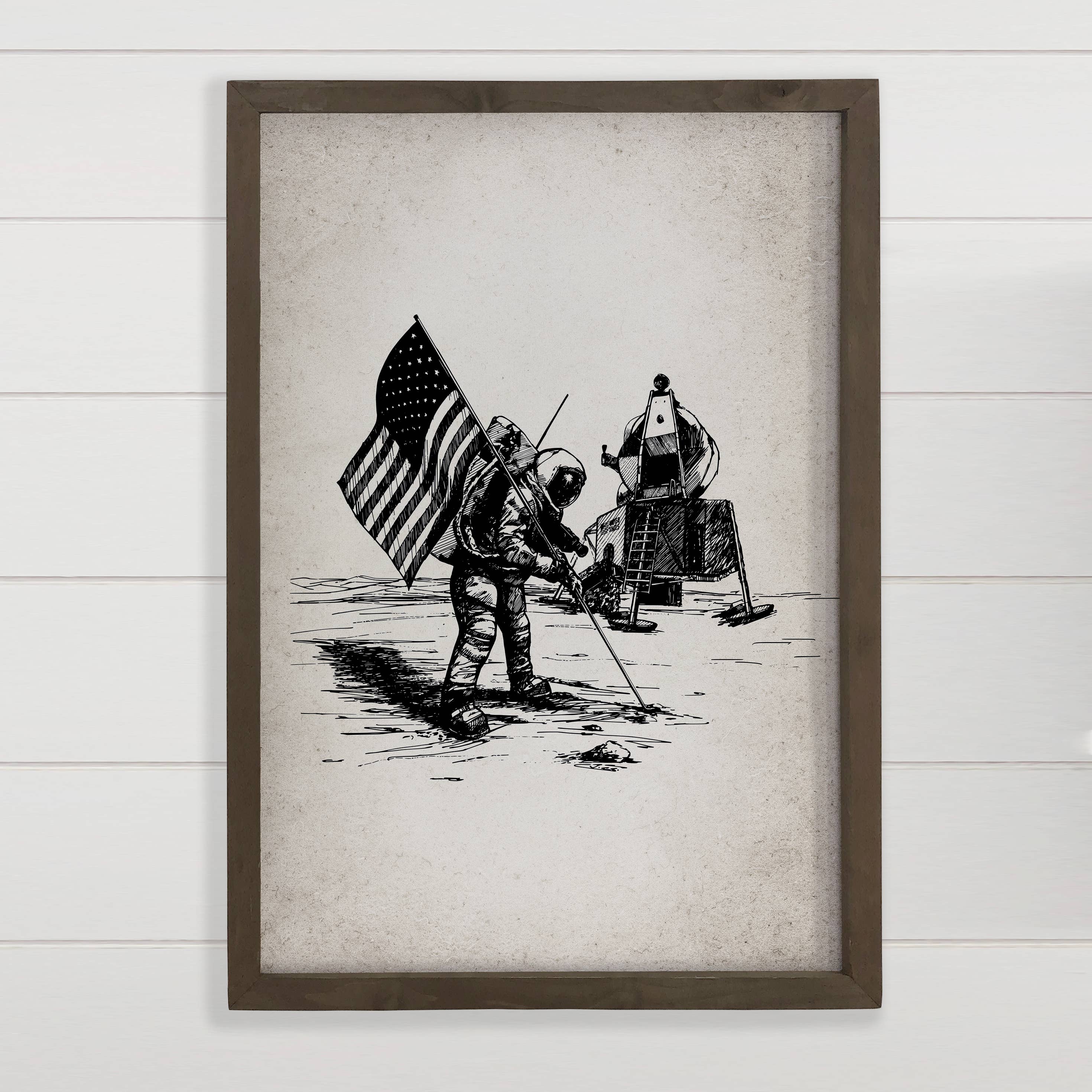 Moon Landing Sketch - Astronaut Canvas Art - Wood Framed Art