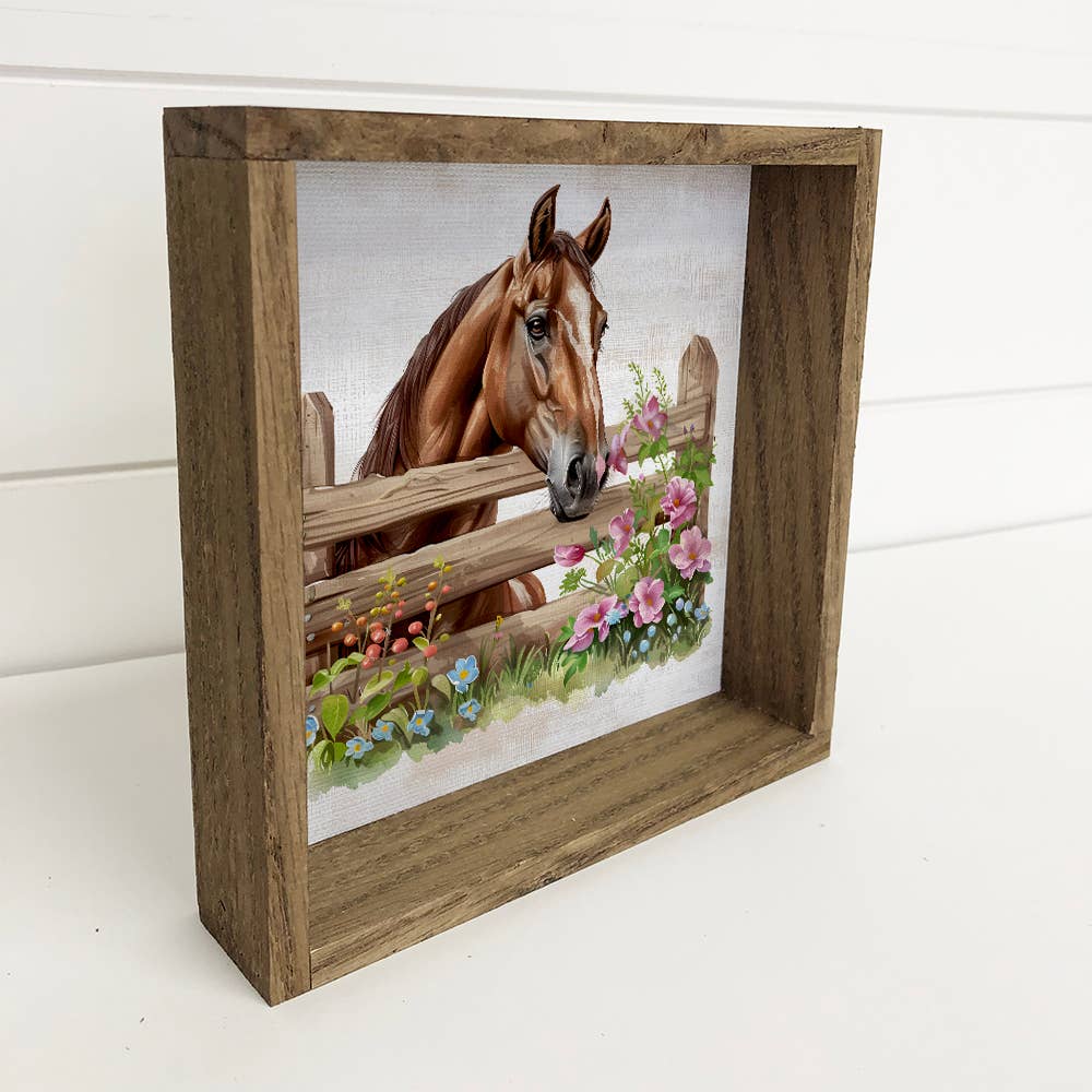 Horse Over Fence With Flowers - Horse Canvas Art - Framed