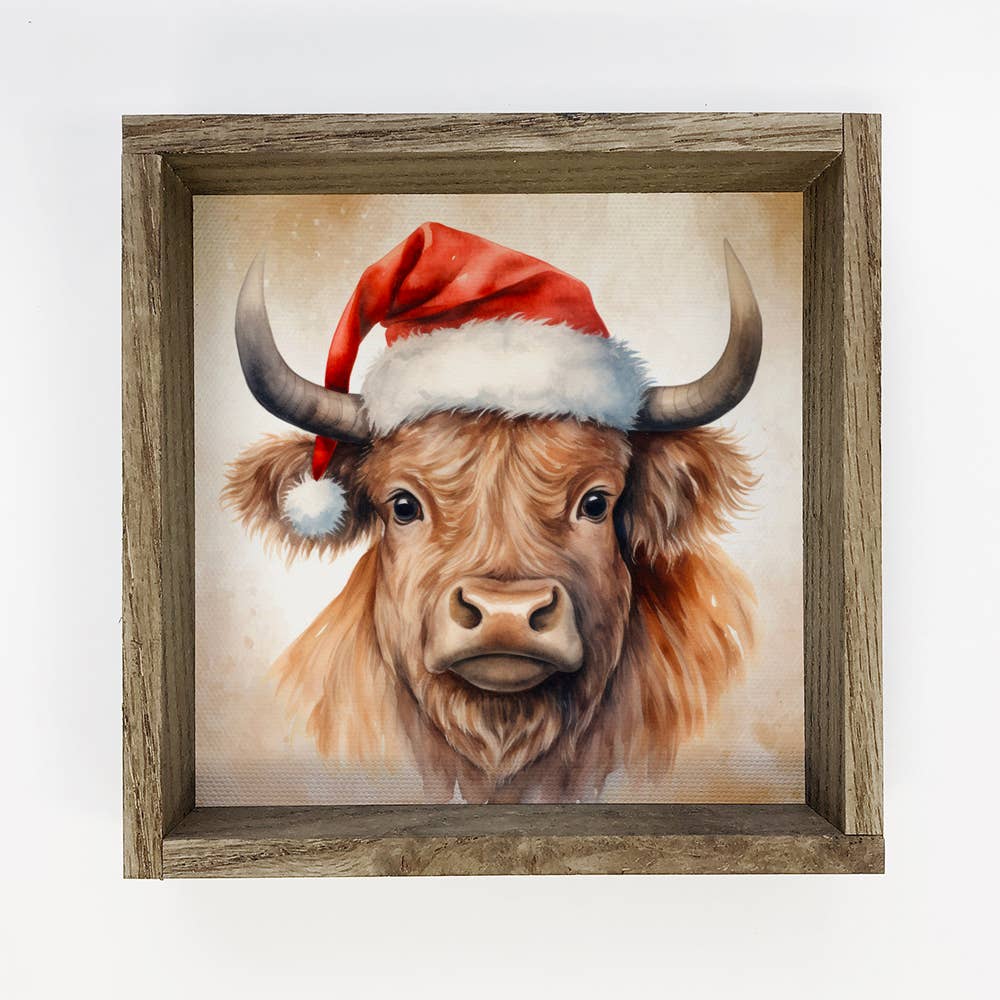 Highland Cow Santa Hat - Cute Holiday Animal Canvas Art