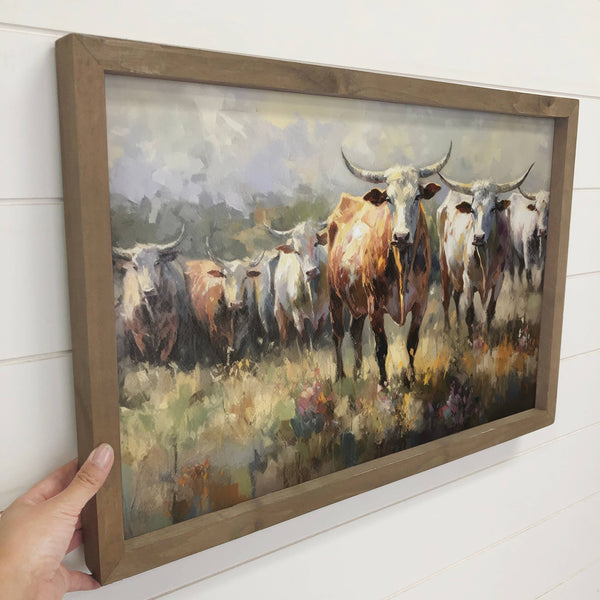 Longhorn Cow Herd - Framed Farmhouse Canvas Art - Ranch Art