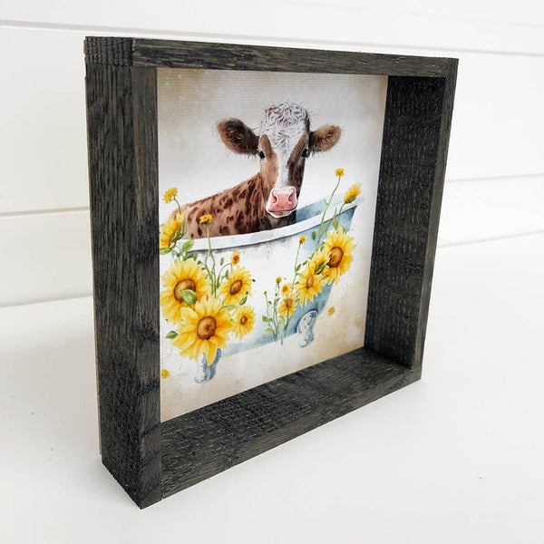 Cow with Sunflower Bath - Cute Cow Art - Farm Animal Art