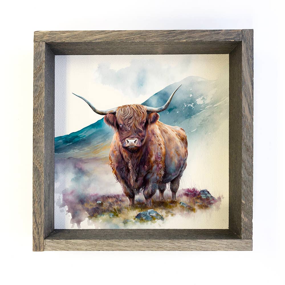 Highland Cow Watercolor Mountain - Art with Wooden Frame