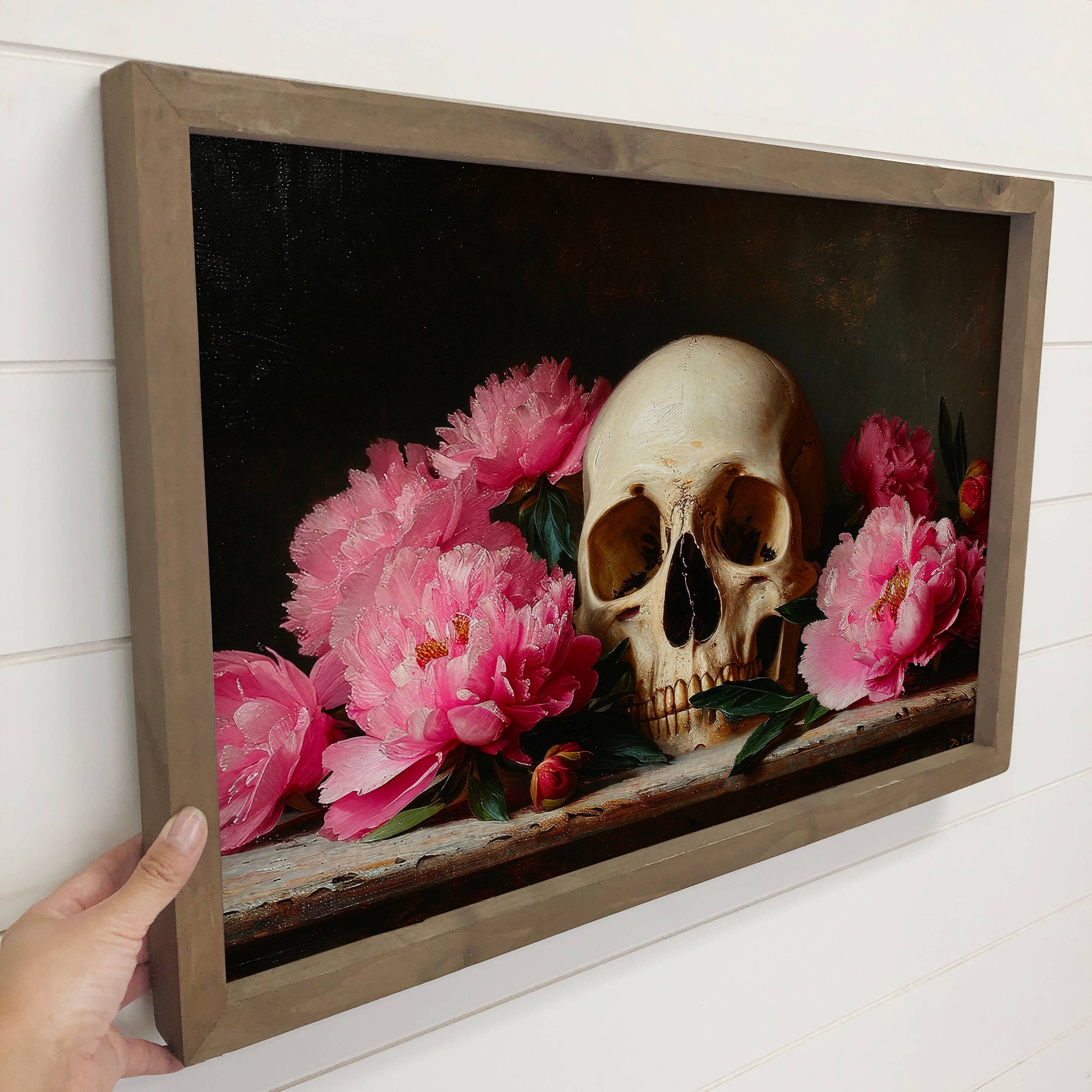Skull with Pink Peonies - Skull Canvas Art - Framed Decor