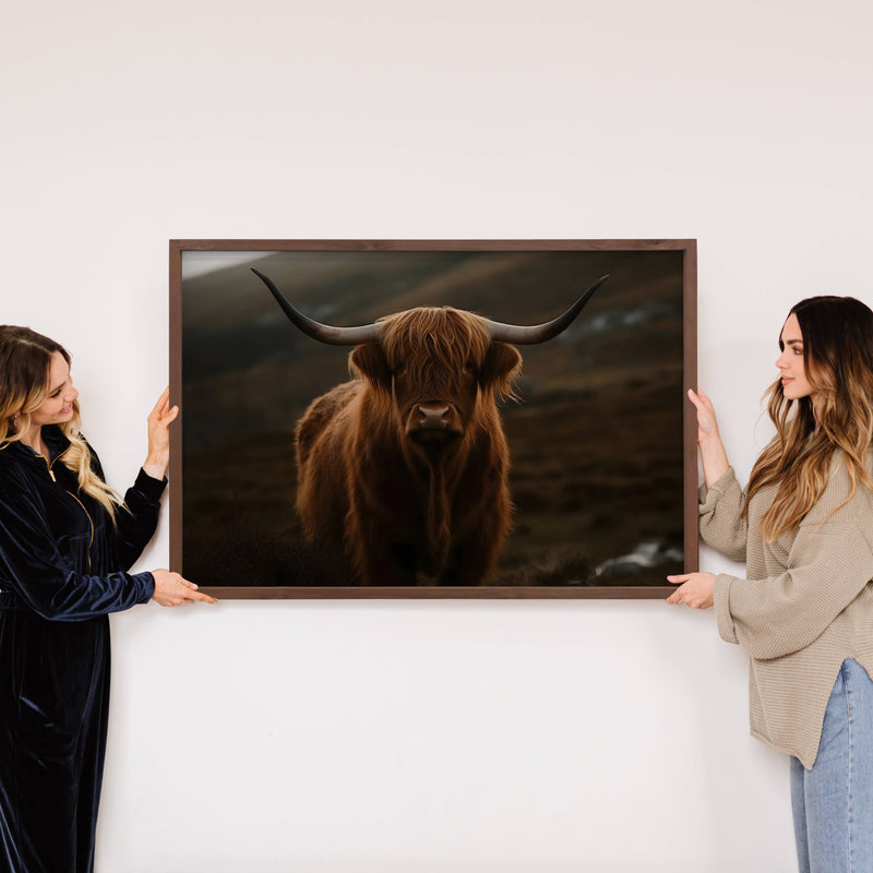 Highland Cow Dark - Framed Animal Canvas Art - Cabin Decor