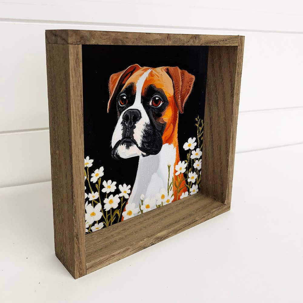 Boxer Pup with White Flowers - Dog and Flower Canvas Art
