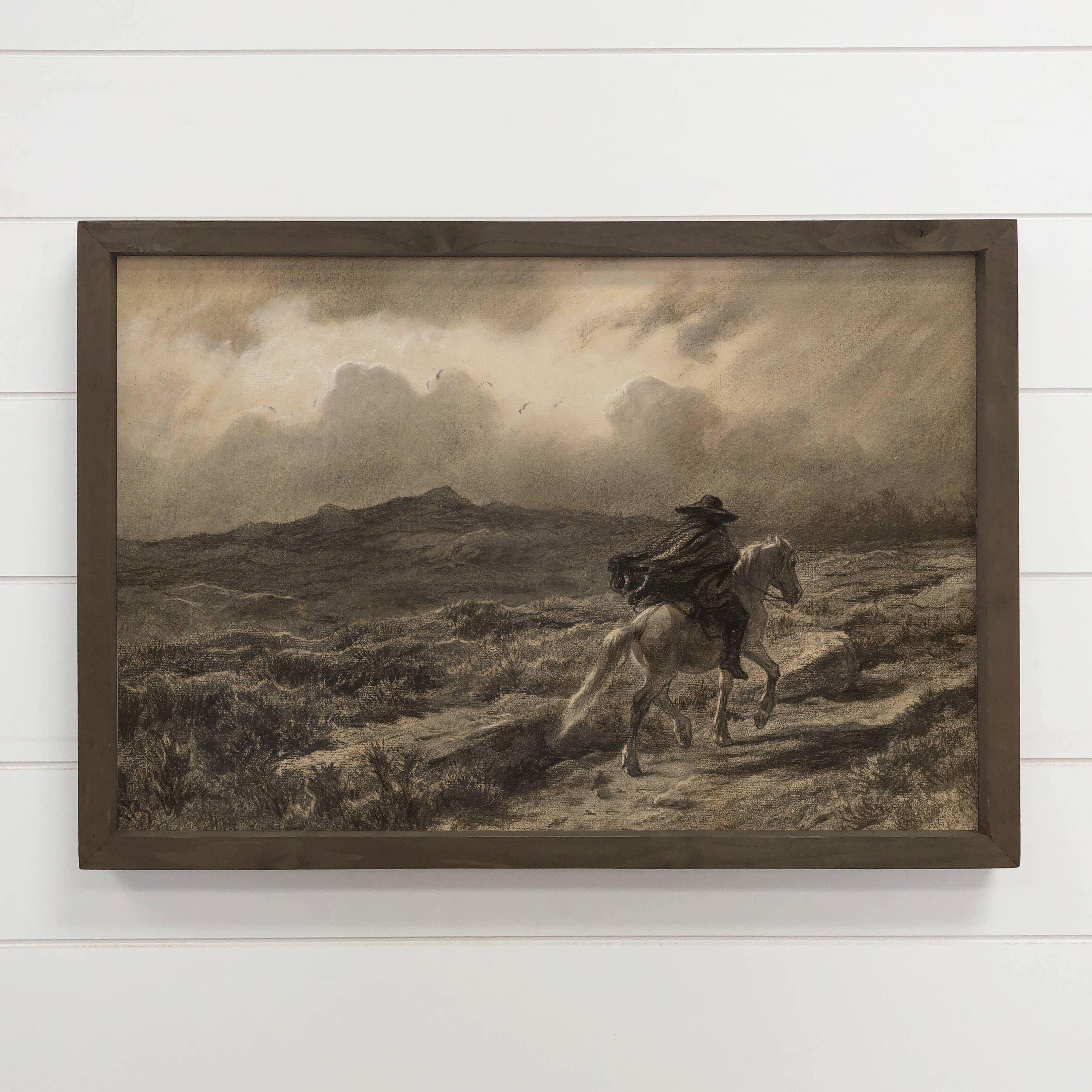 Dark Horse Rider - Ranch House Canvas Art - Wood Framed Art