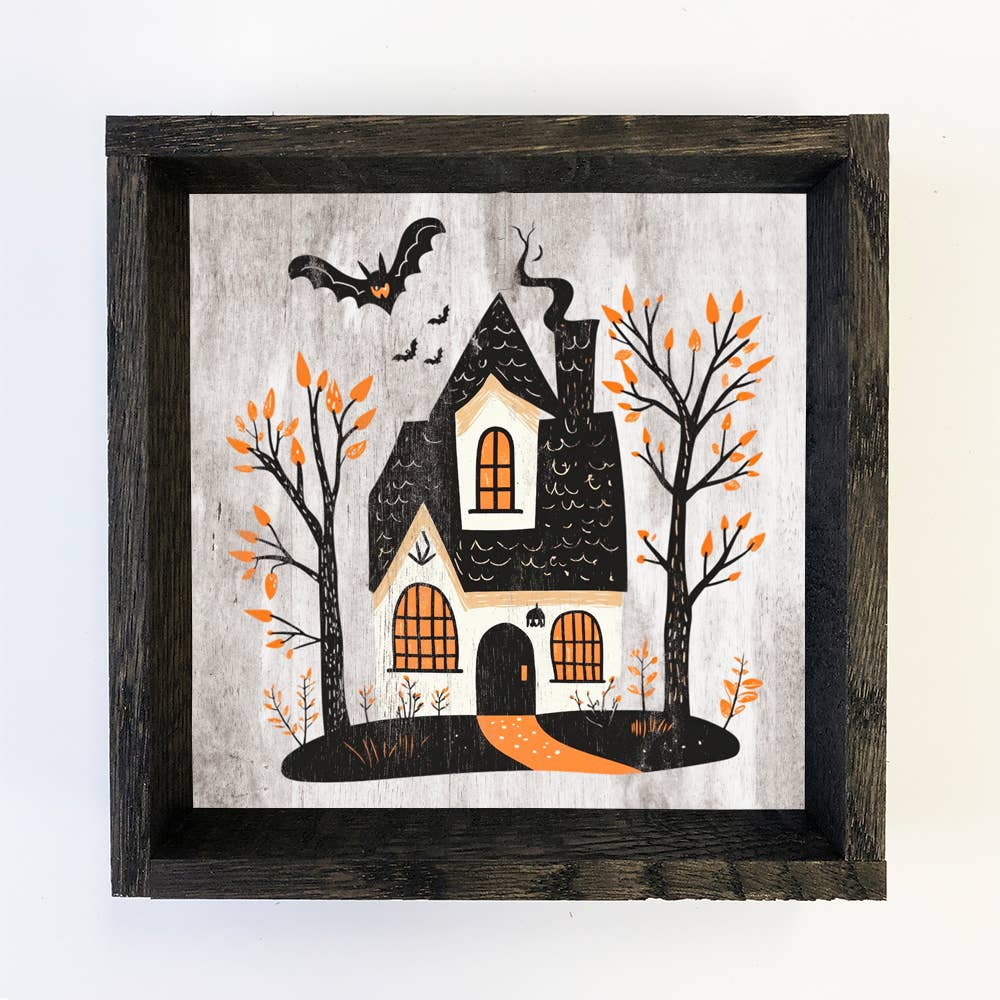 Folk Halloween Haunted House - Halloween Canvas Art - Framed