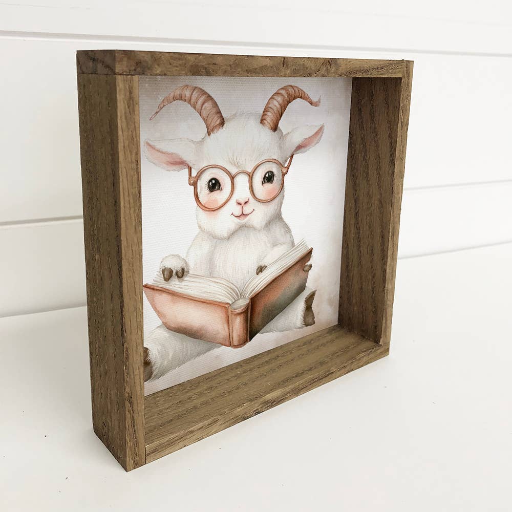 Goat Reading Book - Cute Goat Canvas Art - Wood Framed Art