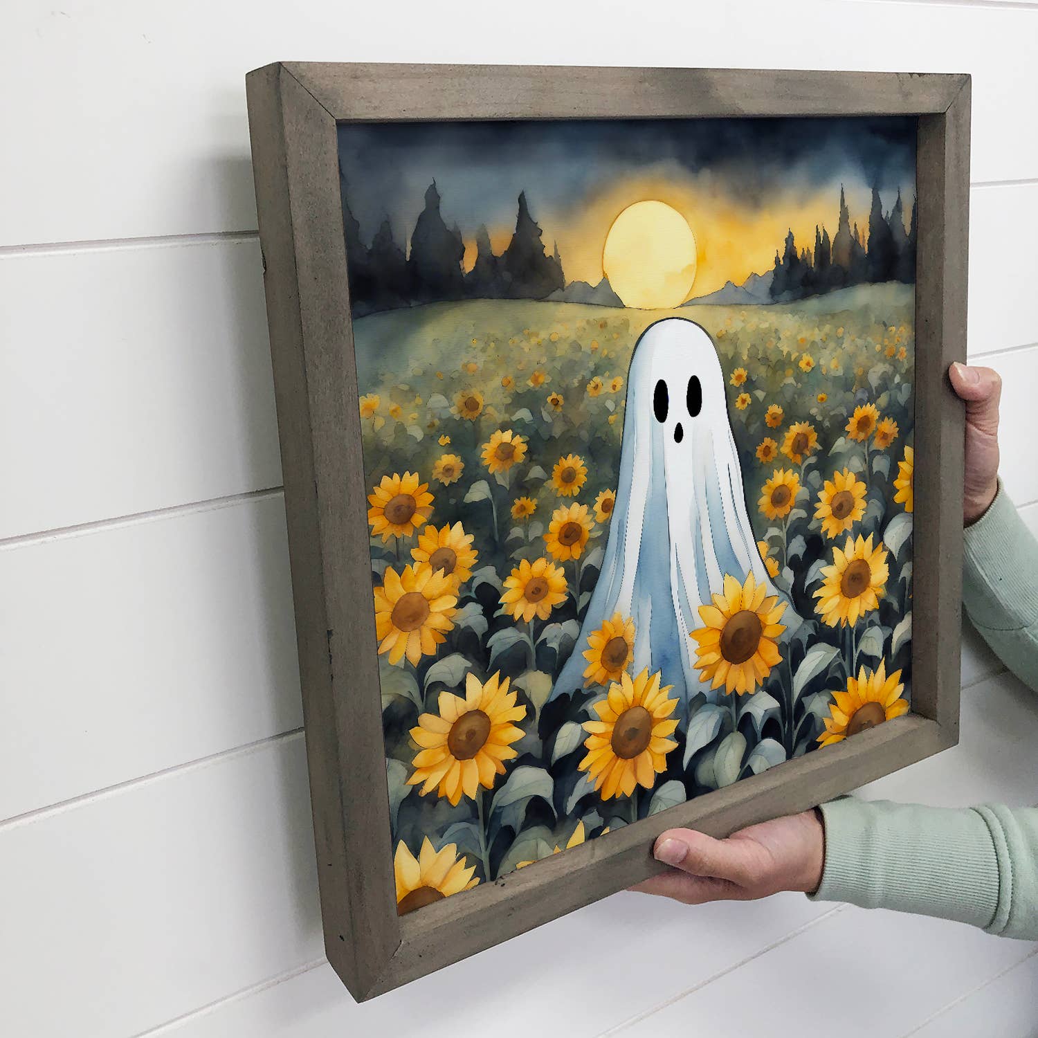 Cute Ghost in Sunflower Field - Halloween Canvas Art - Frame