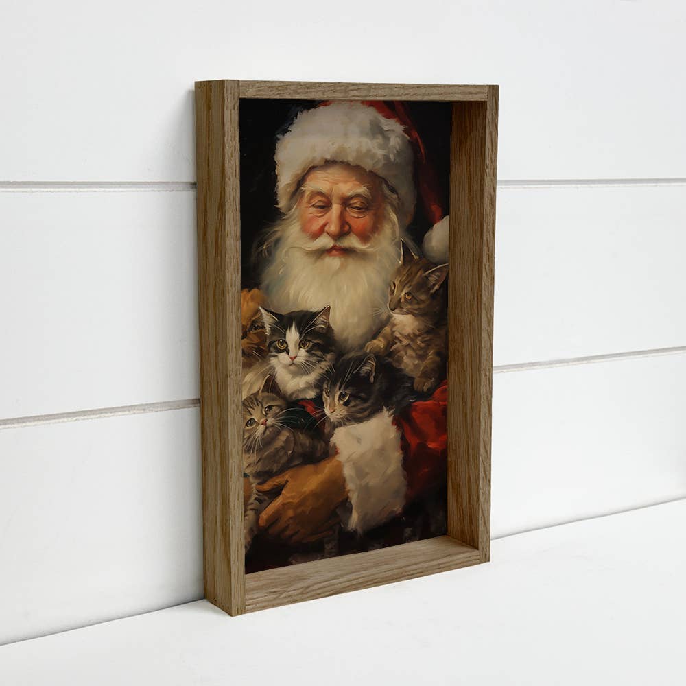 Santa Claus and Cats - Santa Canvas Art - Wood Framed Art