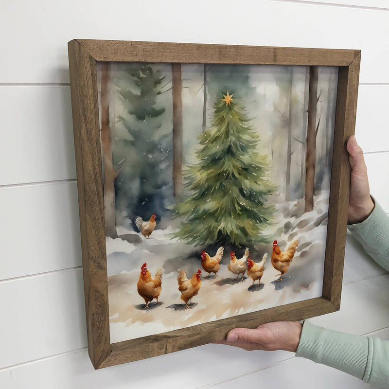 Chicken Christmas Tree - Wood Frame Canvas Art - Cute Animal