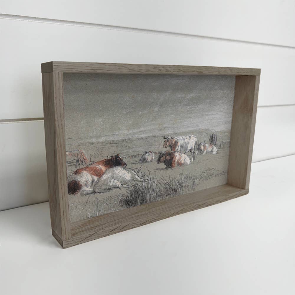 Cows Pencil Drawing - Cow Canvas Art - Wood Framed Wall Art