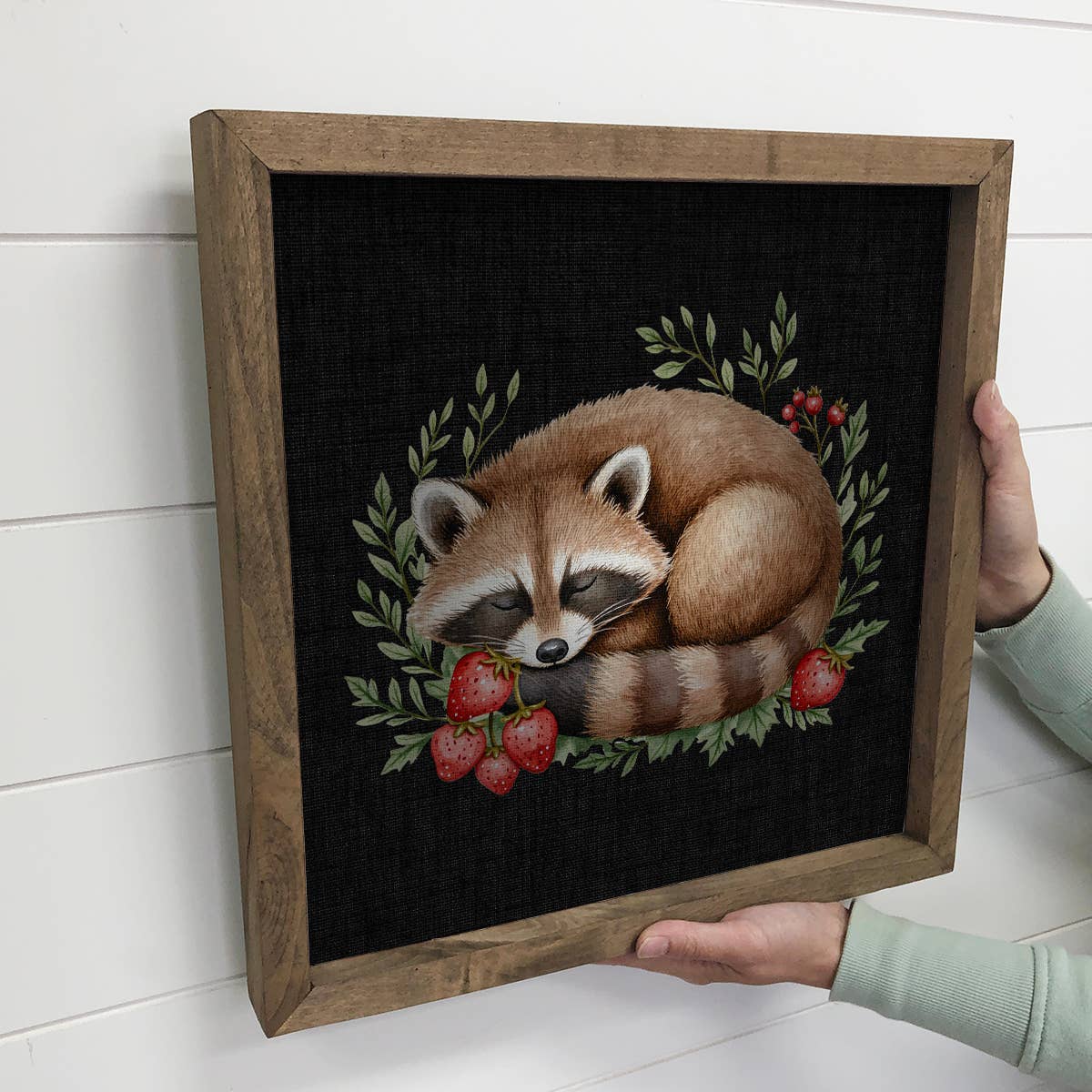 Sleeping Raccoon Woodland Berries - Cute Raccoon Canvas Art