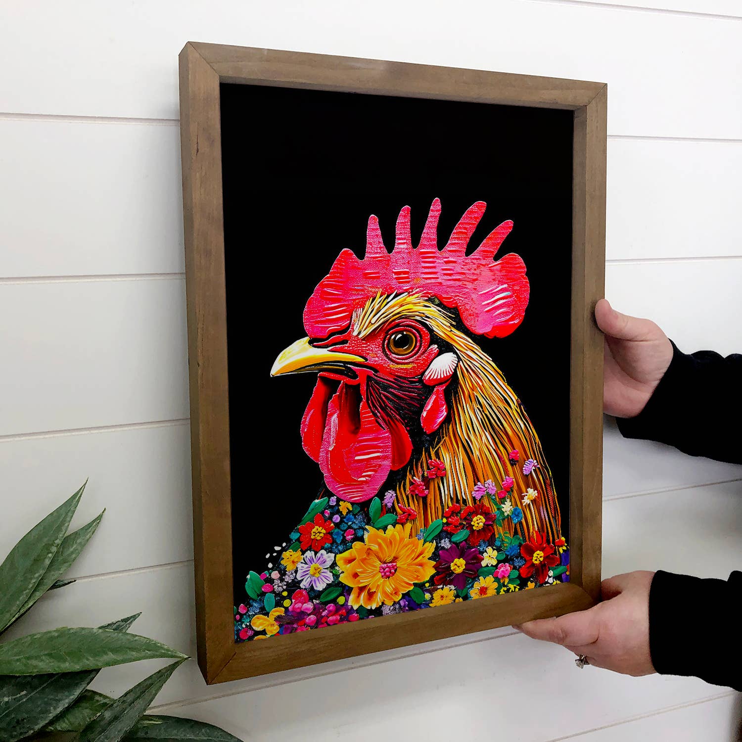 Colorful Floral Chicken - Chicken Canvas Art - Wood Framed