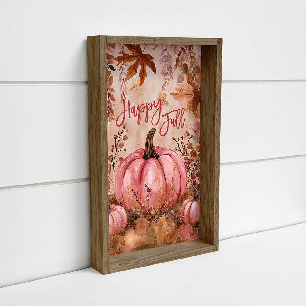 Happy Fall Pink Pumpkin - Fall Canvas Art - Wood Framed Art