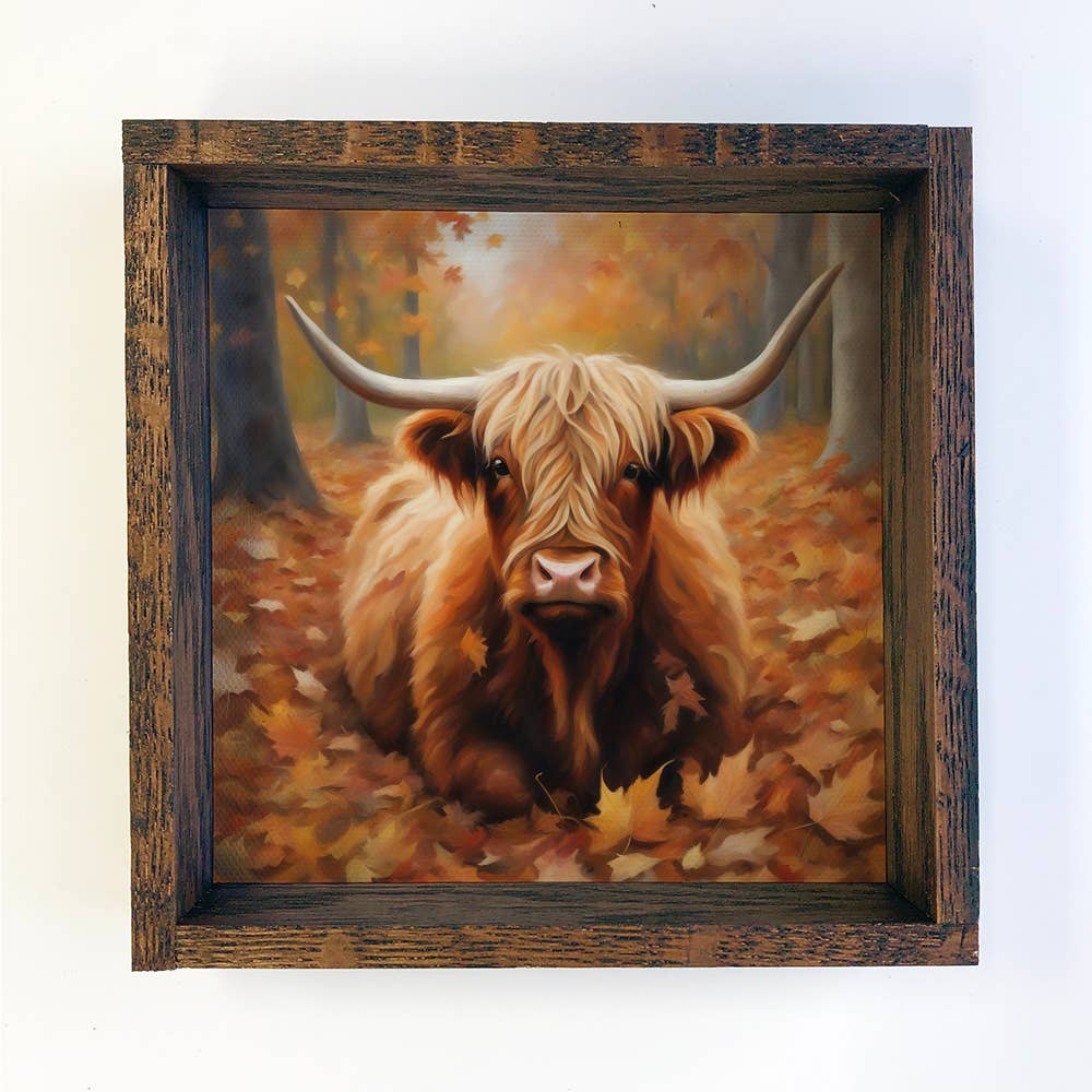 Highland Cow in Fall Leaves - Cute Framed Animal Wall Art