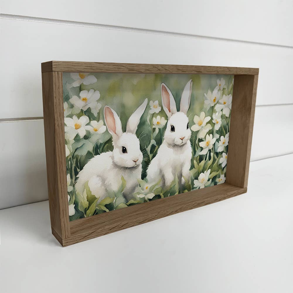 White Bunnies with White Flowers - Sweet Bunny Canvas Art