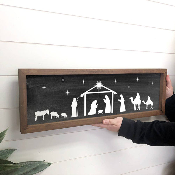 Black Long Nativity Silhouette Wood Sign for Christmas