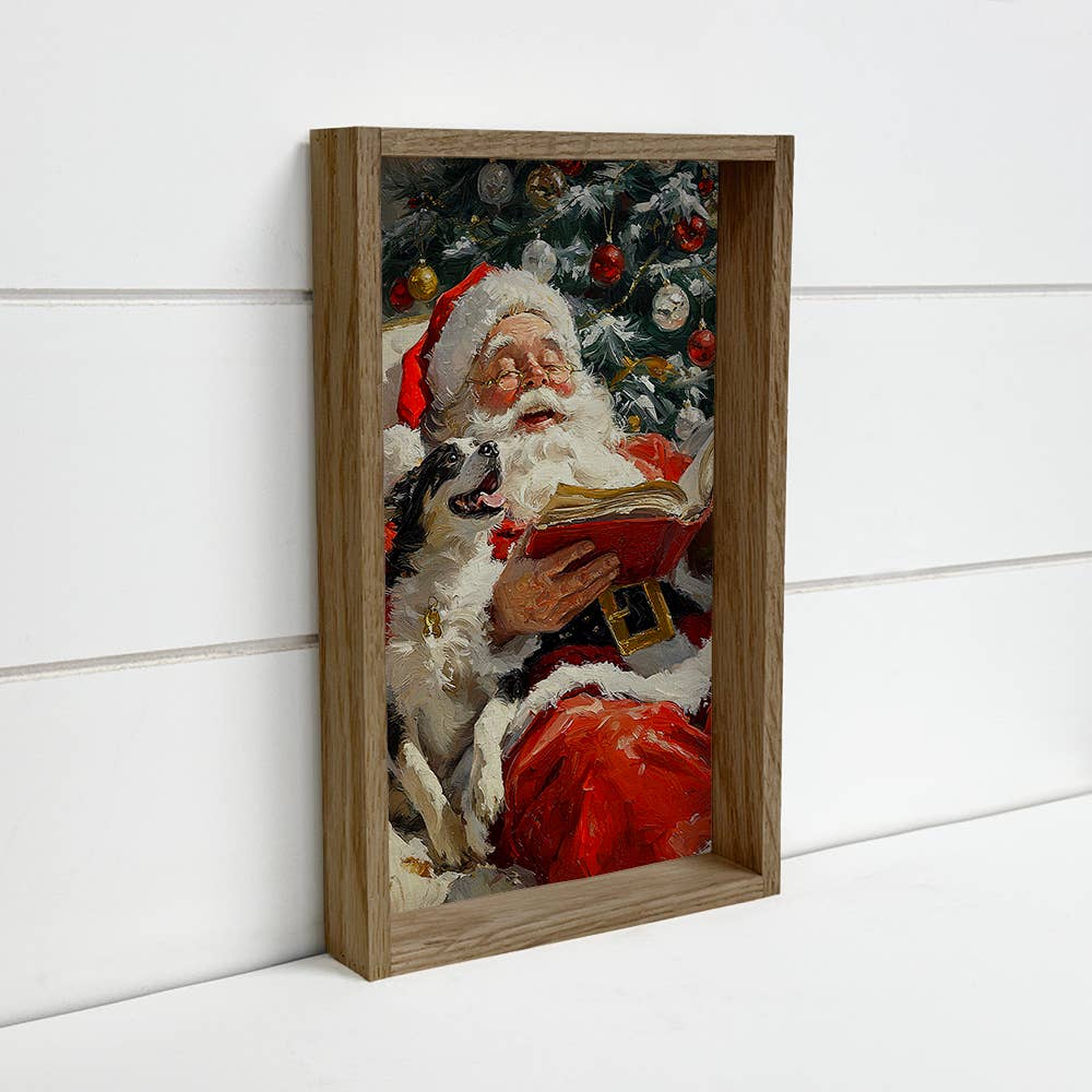 Santa Reading with Dog - Santa Canvas Art - Wood Framed Art
