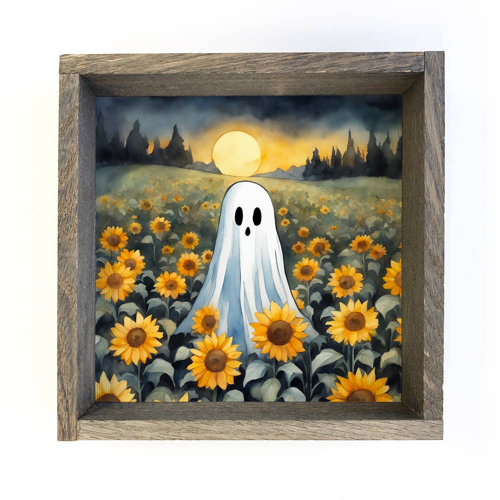 Cute Ghost in Sunflower Field - Halloween Canvas Art - Frame