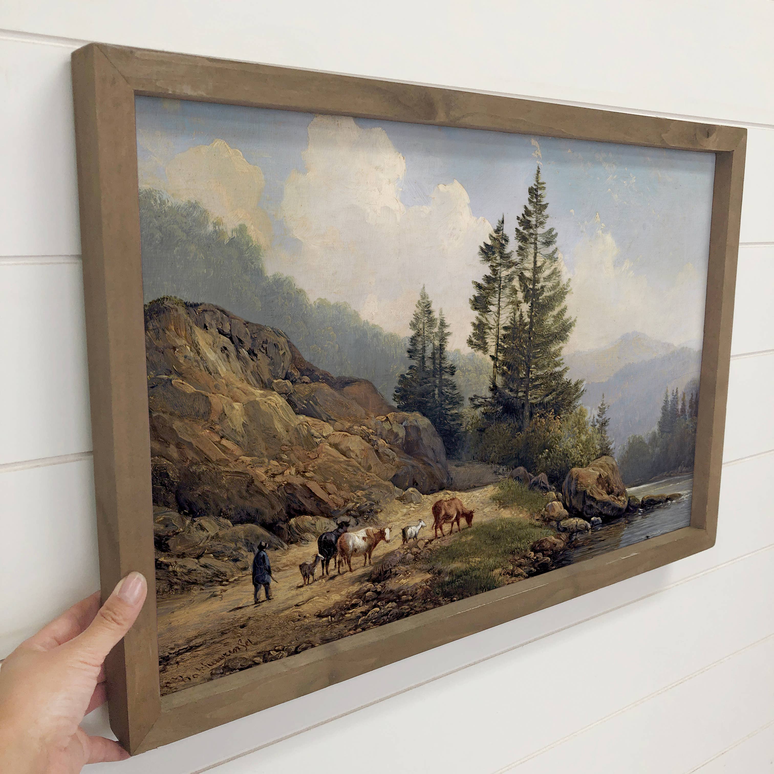Mountains Herdsman Cows & Goats - Nature Canvas Art - Framed