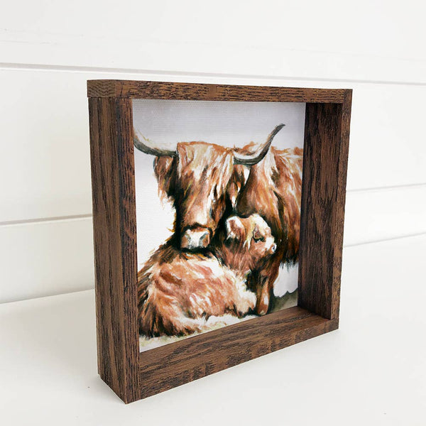 Mama and Baby Highland Cow Cuddling - Wood Sign