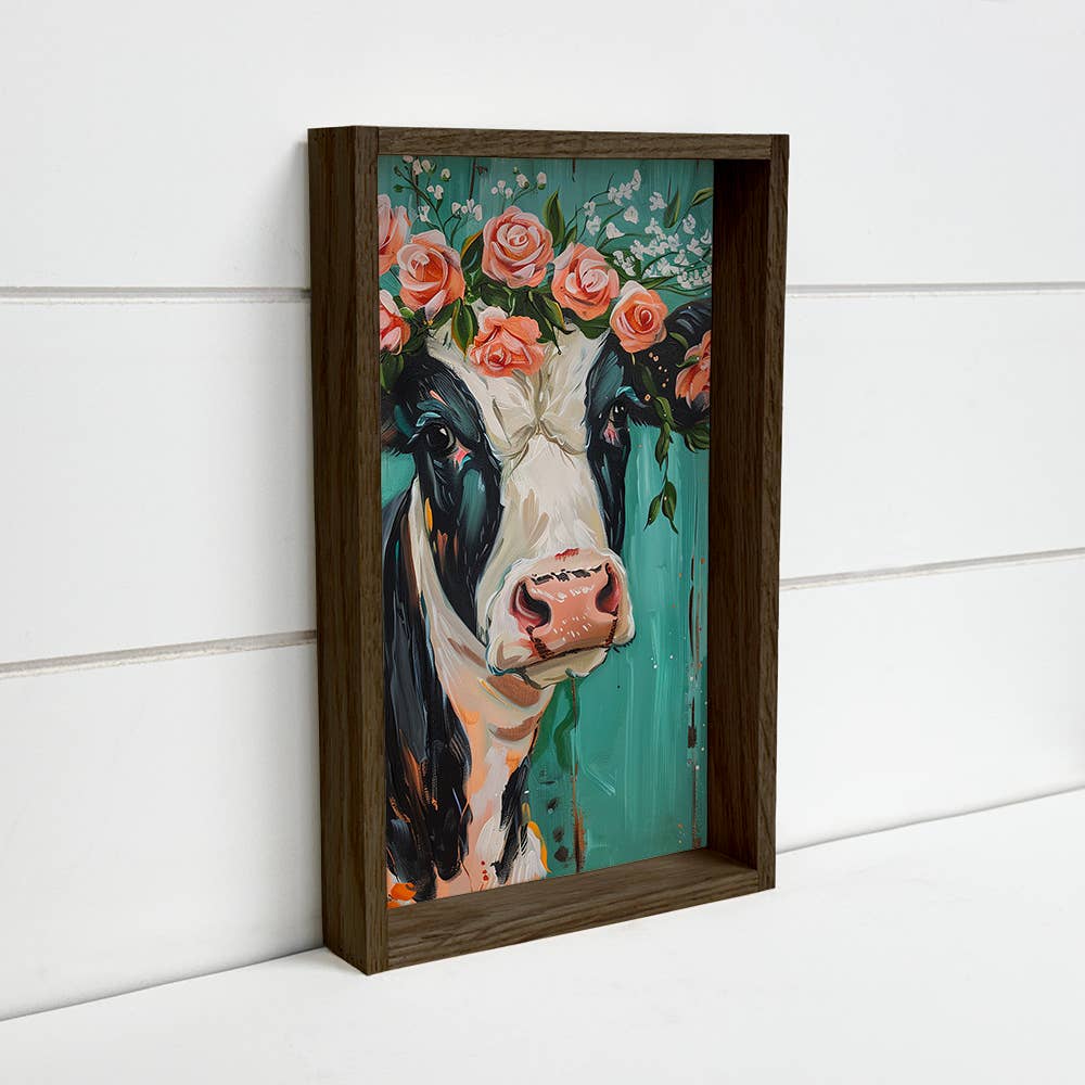 Cow with Pink Flowers Turquoise Background - Cow Canvas Art