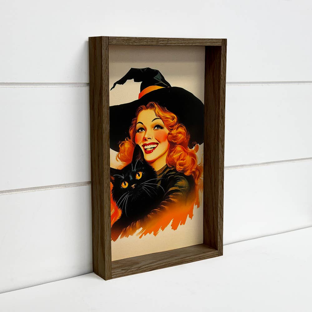 Vintage Witch and Black Cat Poster - Halloween Canvas Art