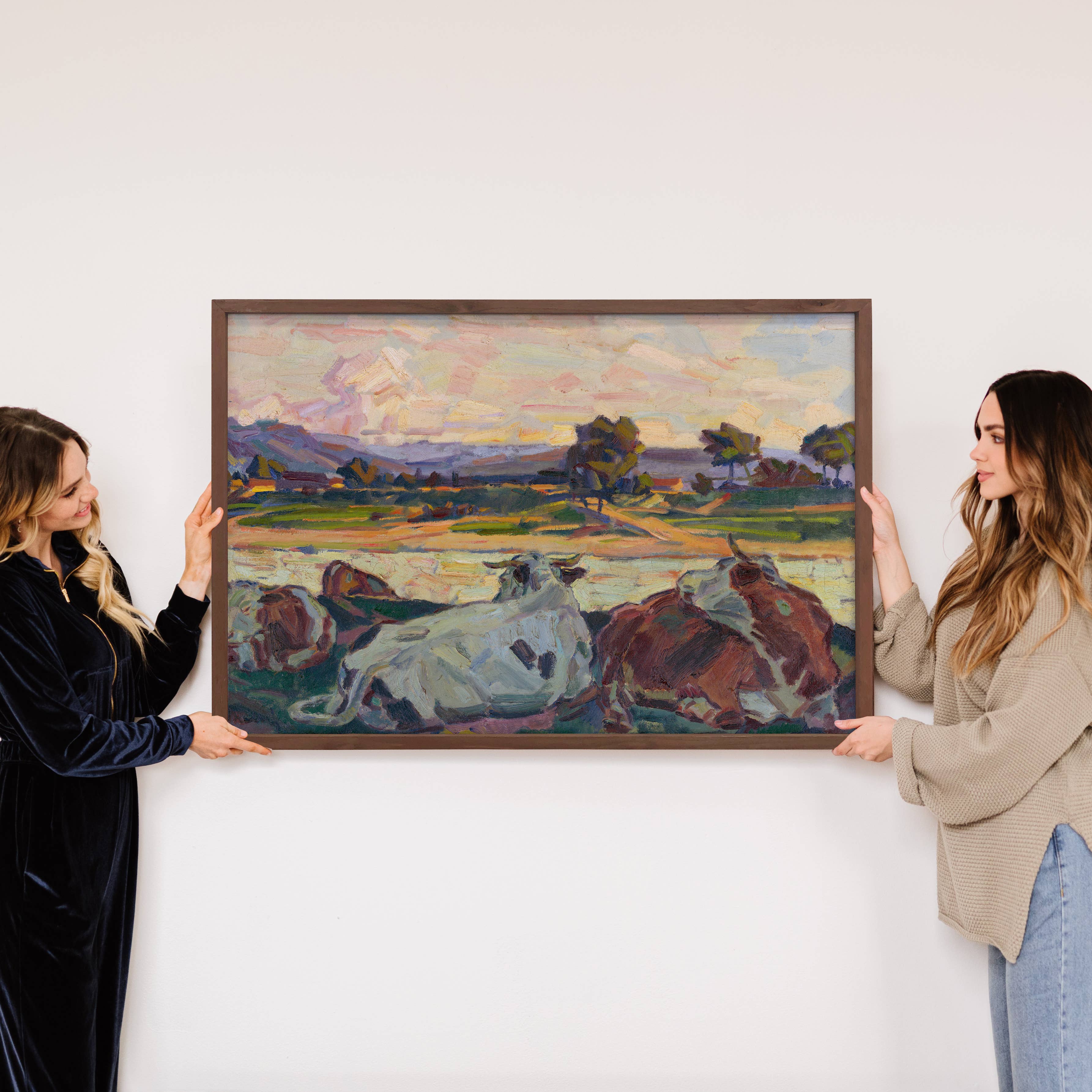 Cows on the River Bank - Cows Canvas Art - Wood Framed Art