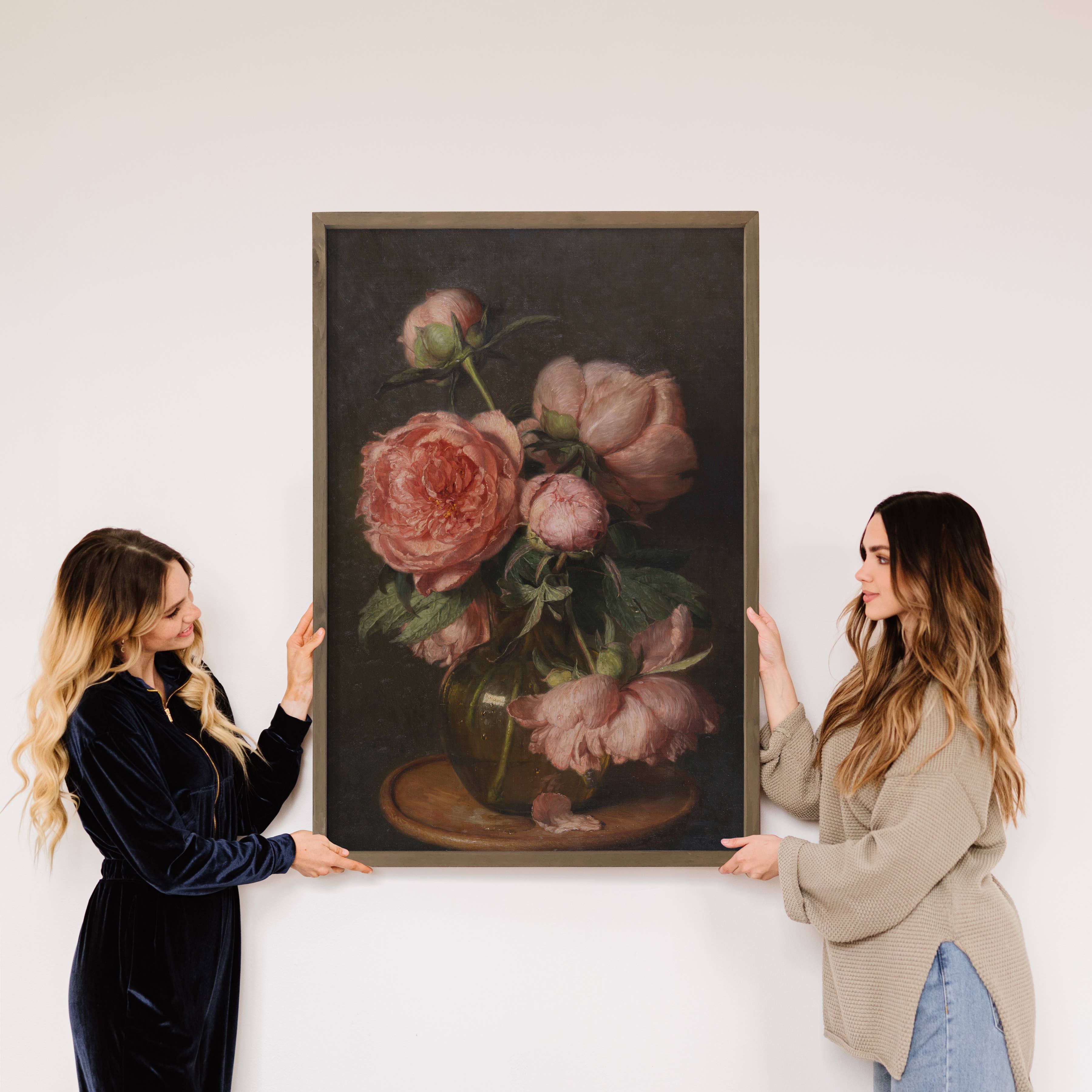 Peonies Vintage Glass Vase - Flower Canvas Art - Wood Framed