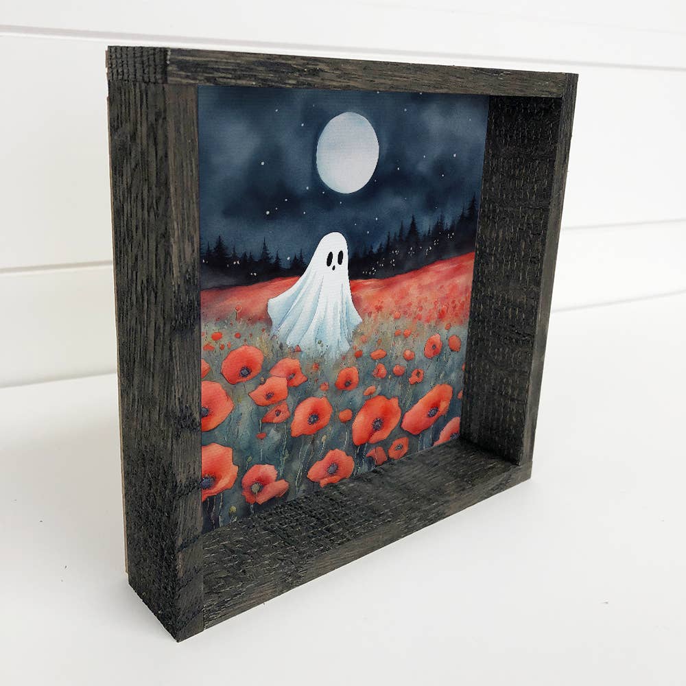 Cute Ghost Poppy Fields - Ghost Canvas Art - Wood Framed Art