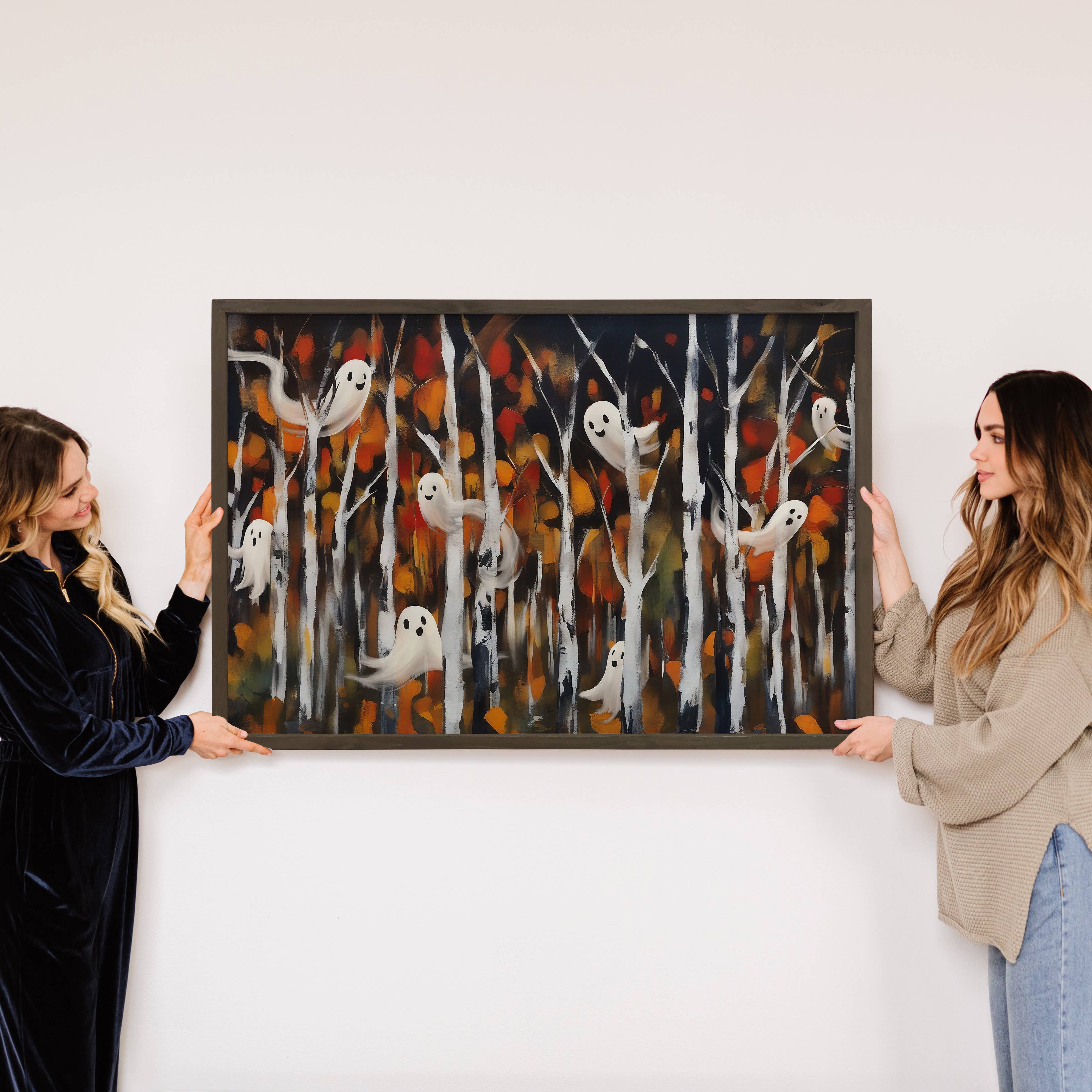 Ghosts in Birch Trees Landscape Version - Dark Wood Frame