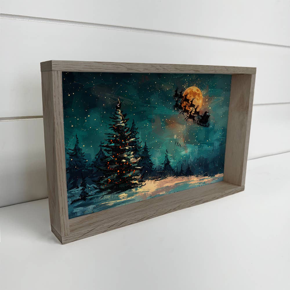 Santa Flying Past a Full Moon - Santa Canvas Art - Framed