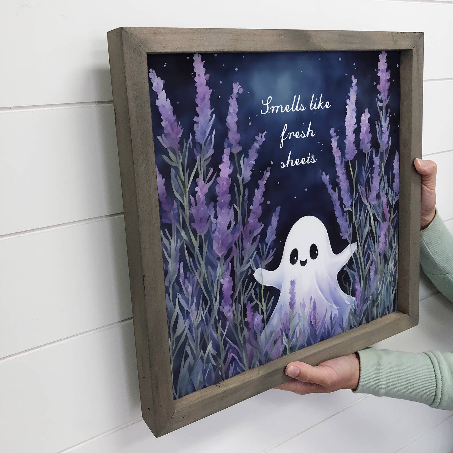 Cute Ghost in Lavender Field - Halloween Canvas Art - Framed