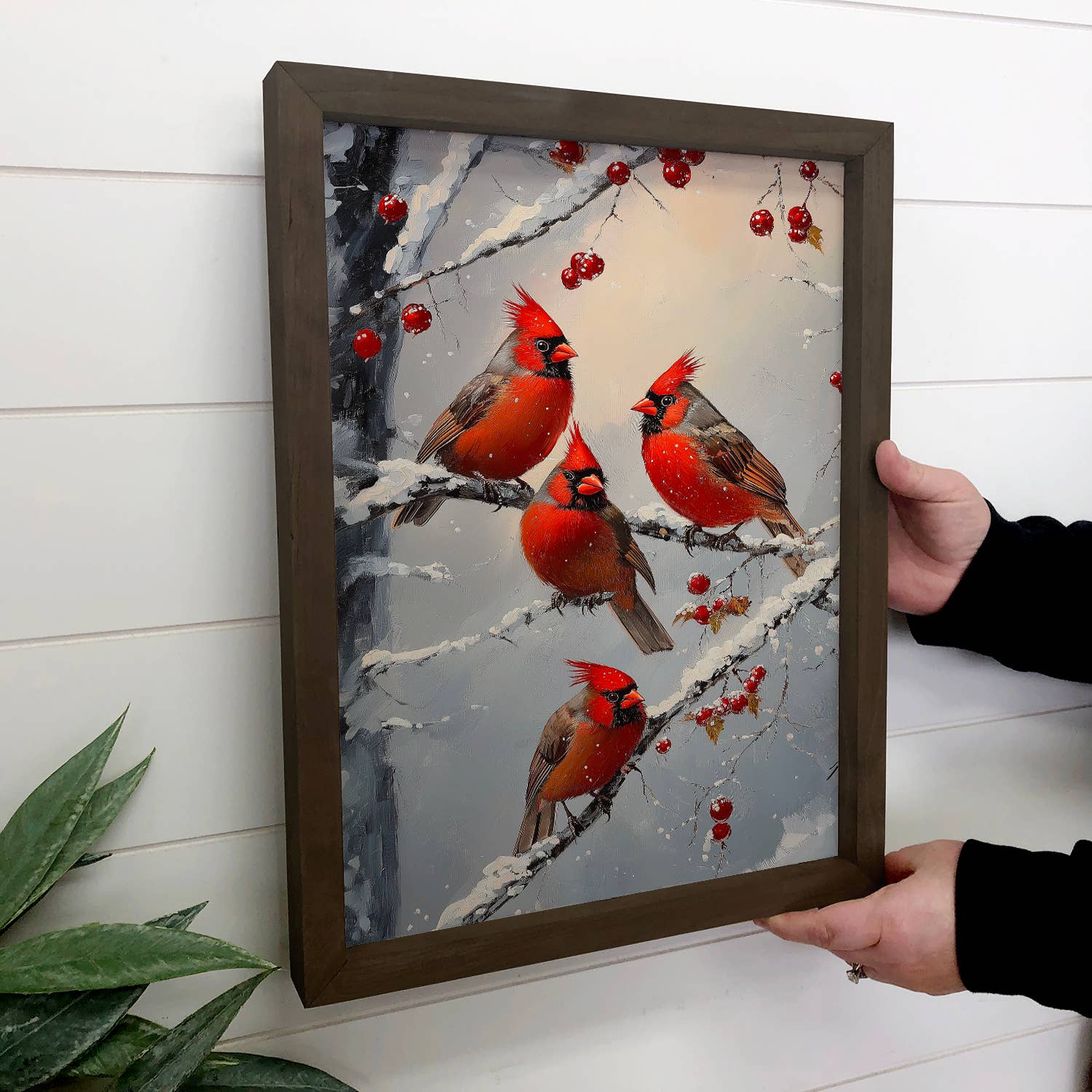 Four Cardinals - Red Bird Canvas Wall Art - Wood Framed Art