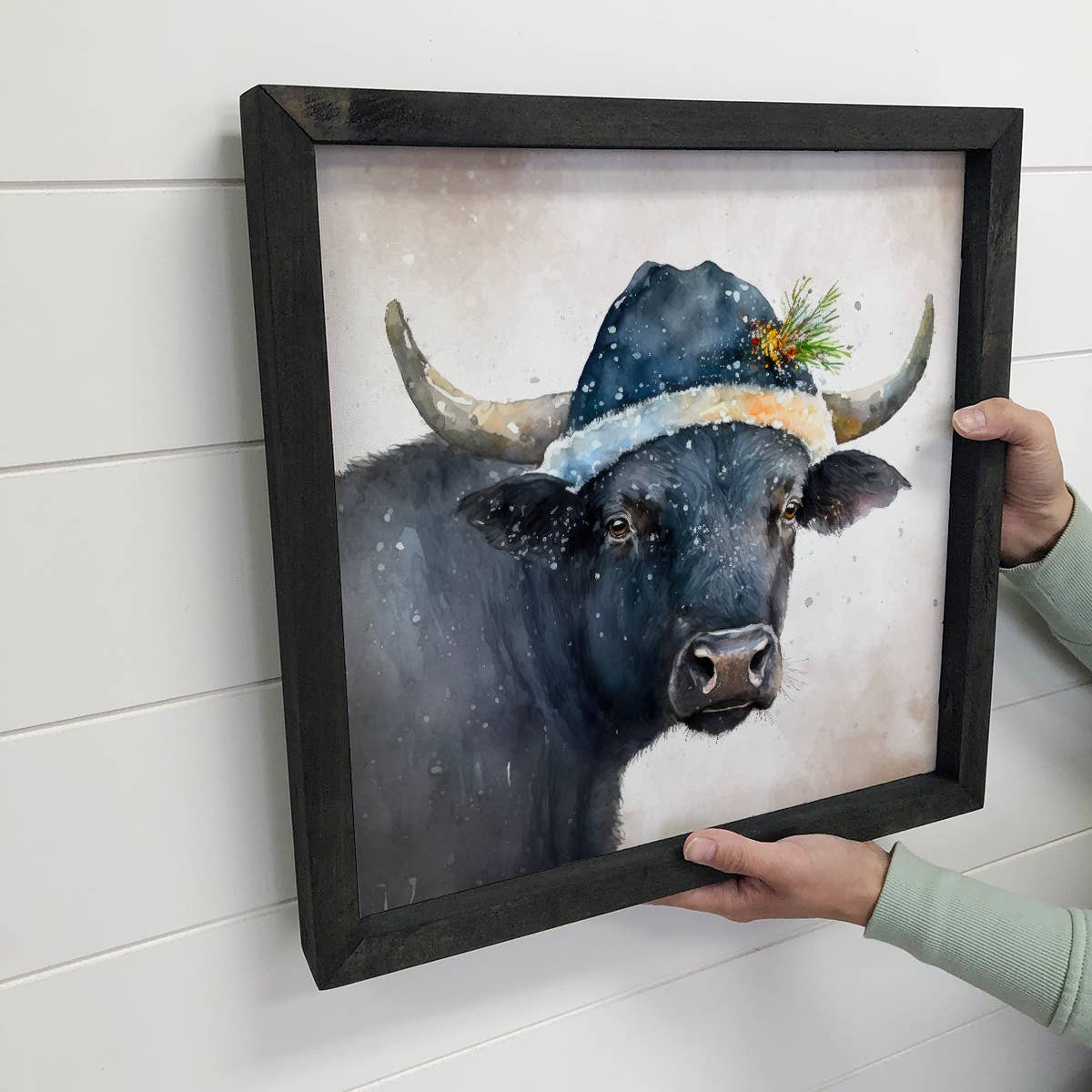 Black Cow Santa - Framed Animal Art - Farmhouse Holiday Art